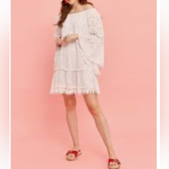 M Made In Italy White Eyelet Crochet Lace Long Bell Sleeve Mini Dress - Picture 2 of 12